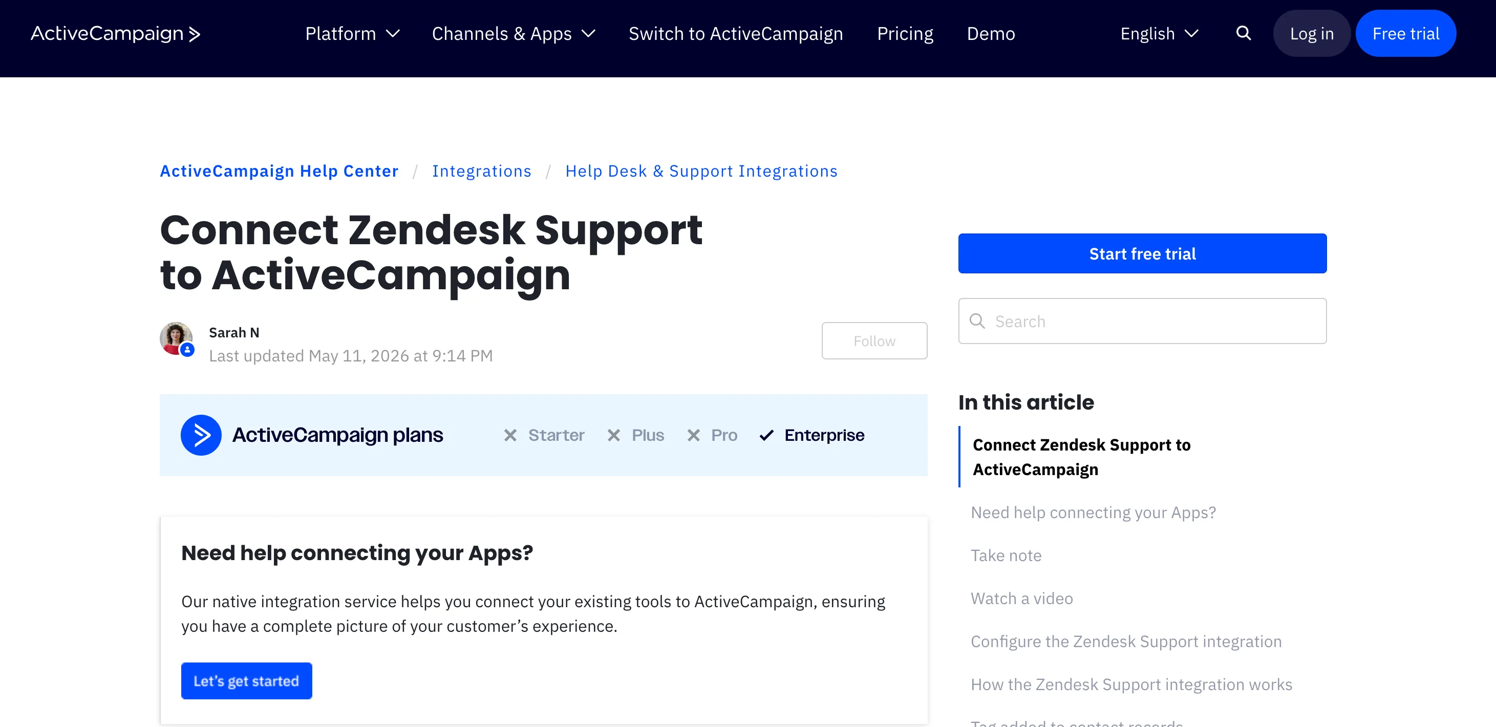The ActiveCampaign Help Center article titled "Connect Zendesk Support to ActiveCampaign", with a plan banner showing the native integration is available only on the ActiveCampaign Enterprise plan.