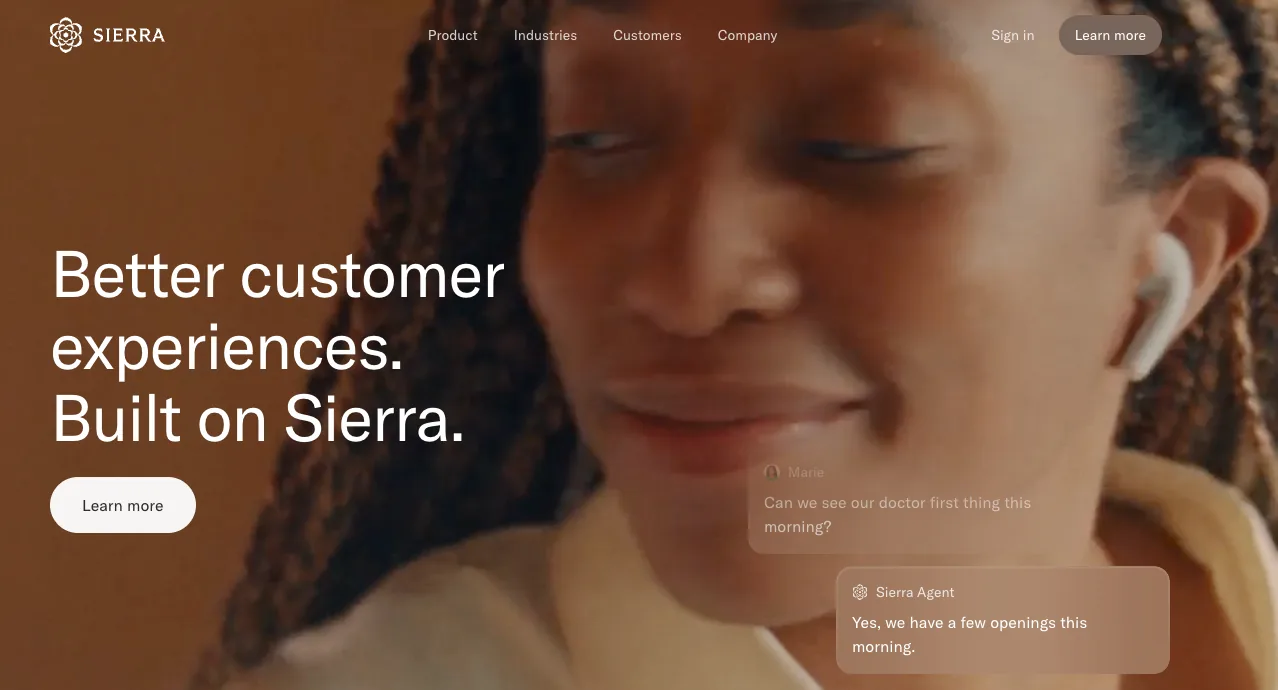 Screenshot of Sierra AI's homepage, the pick for Fortune 500 conversational AI