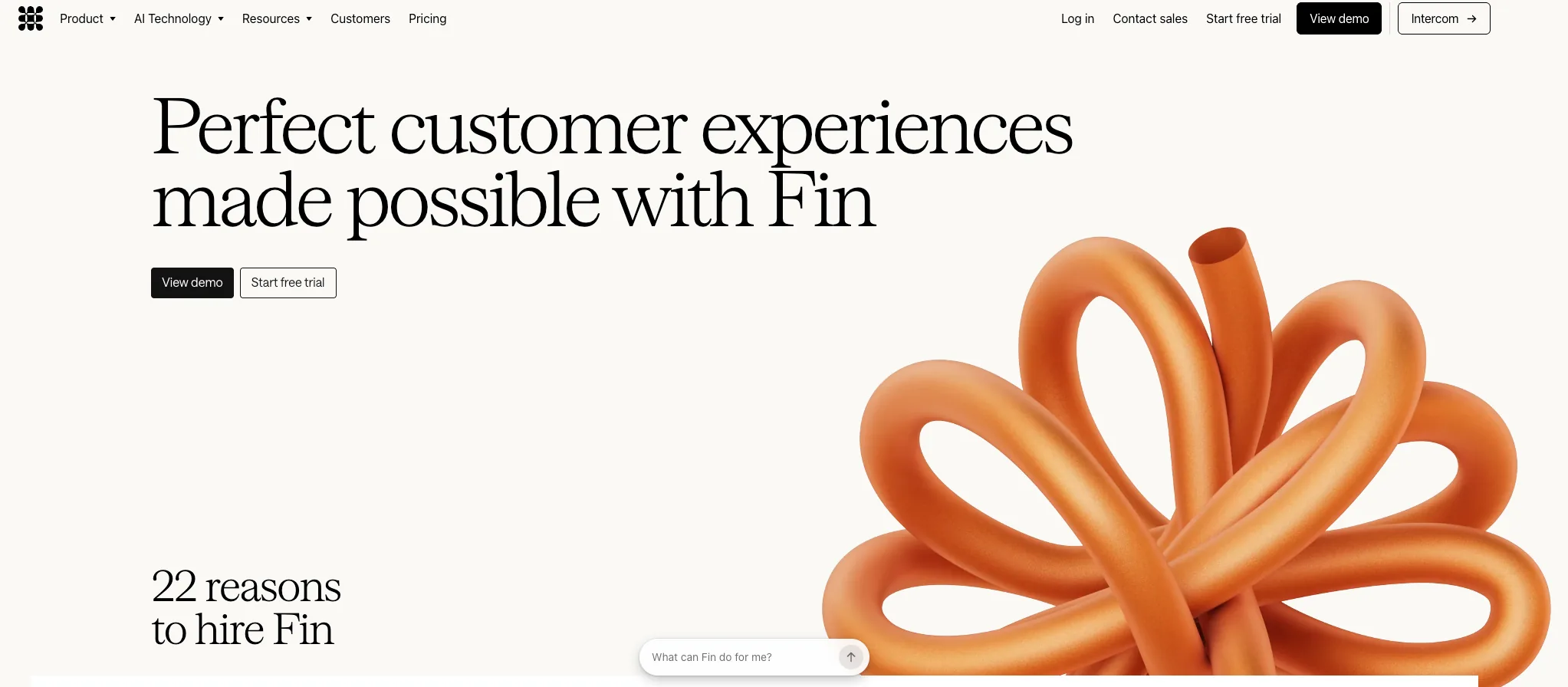 Screenshot of Intercom Fin's homepage