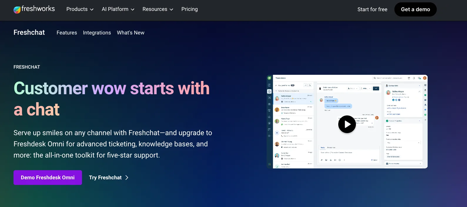 Screenshot of Freshchat's homepage featuring Freddy AI