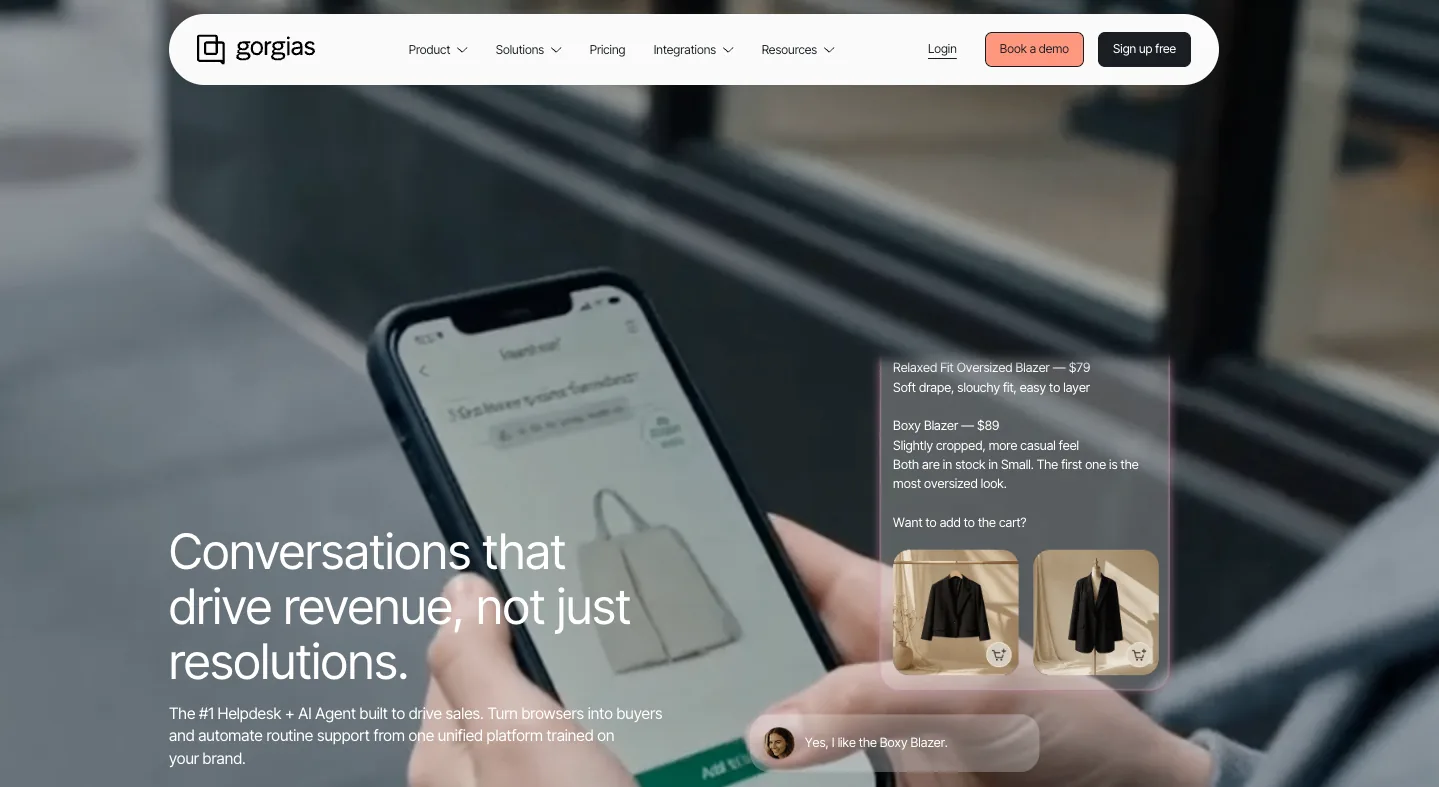 Screenshot of Gorgias' homepage