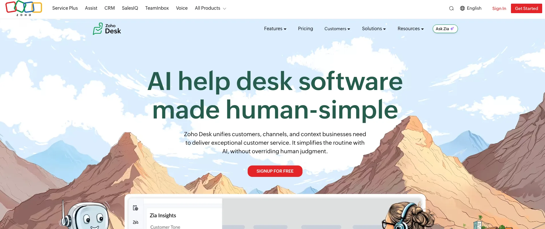 Screenshot of Zoho Desk's homepage