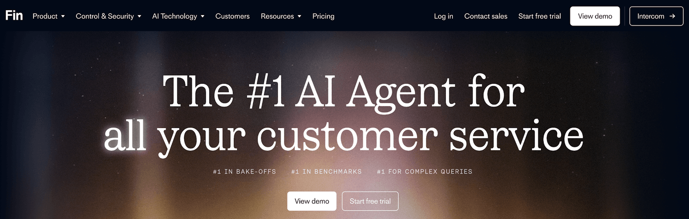 Screenshot of Fin AI's homepage: 'The #1 AI Agent for all your customer service'