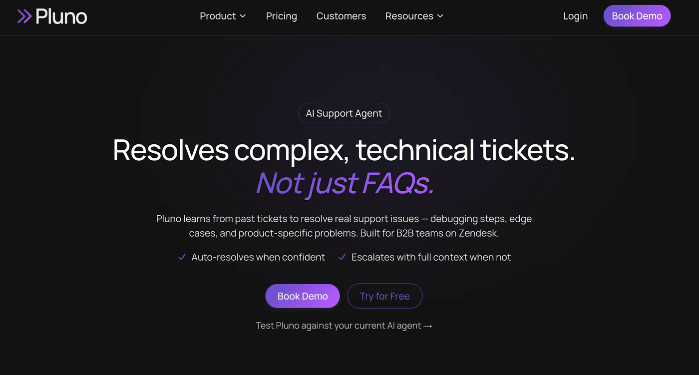 Screenshot of Pluno's homepage: 'Resolves complex, technical tickets. Not just FAQs.'