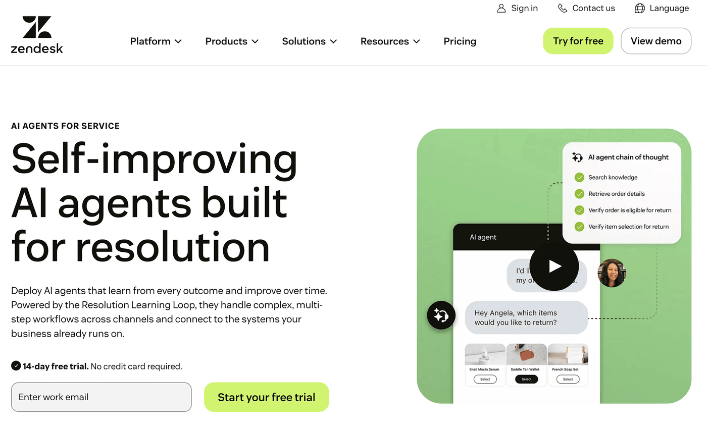 Screenshot of Zendesk's homepage: 'Self-improving AI agents built for resolution'