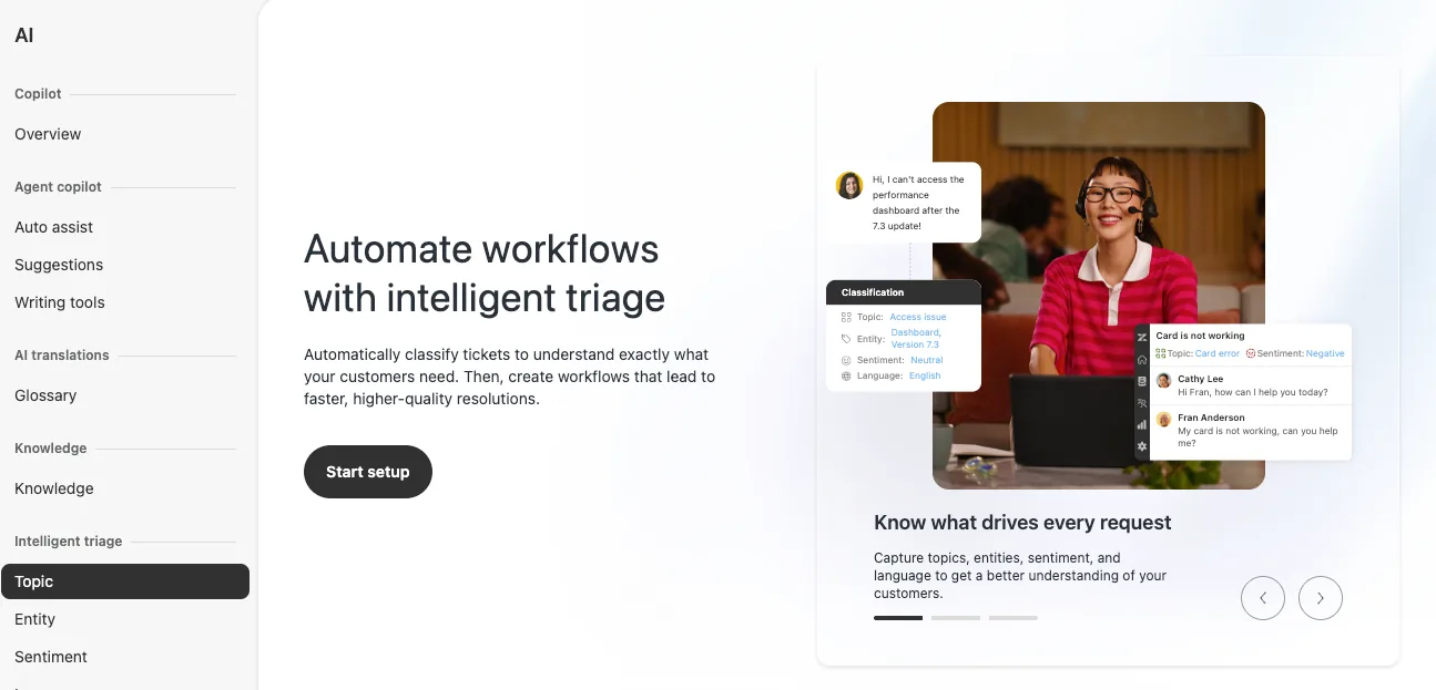 Zendesk intelligent triage setup screen showing topic, entity, and sentiment classification