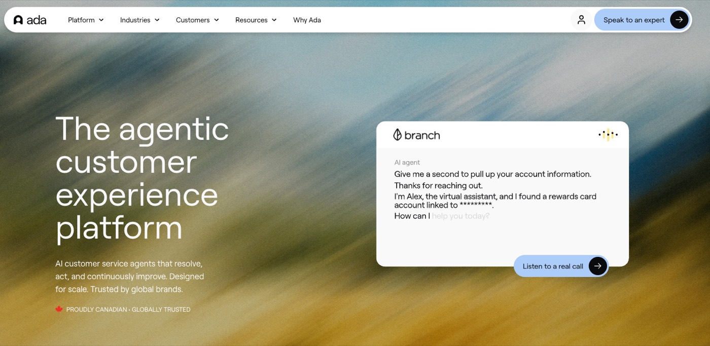 Ada's homepage describing itself as the agentic customer experience platform, with a sample AI agent conversation resolving a customer account question.