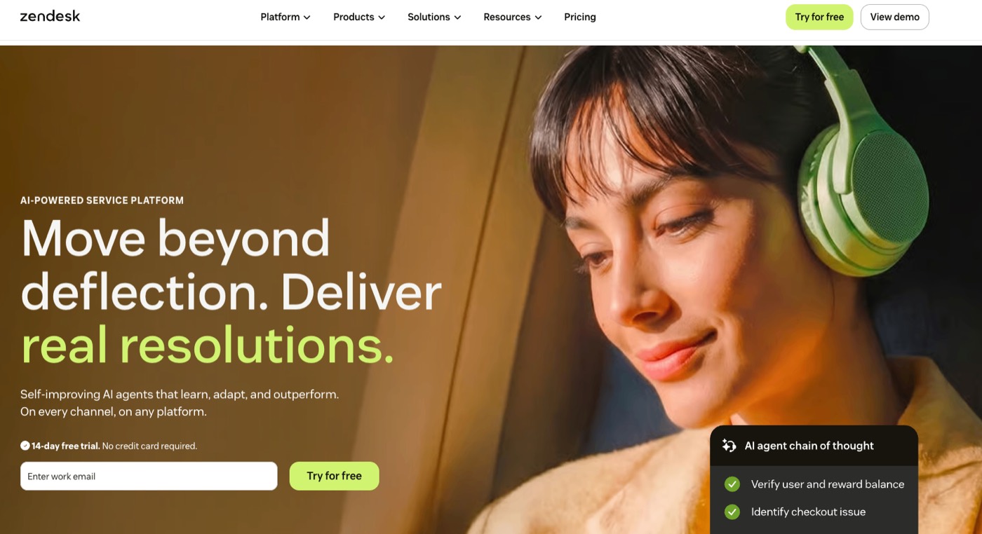 Zendesk's AI-powered service platform homepage with the headline Move beyond deflection, deliver real resolutions, and an AI agent chain-of-thought panel.
