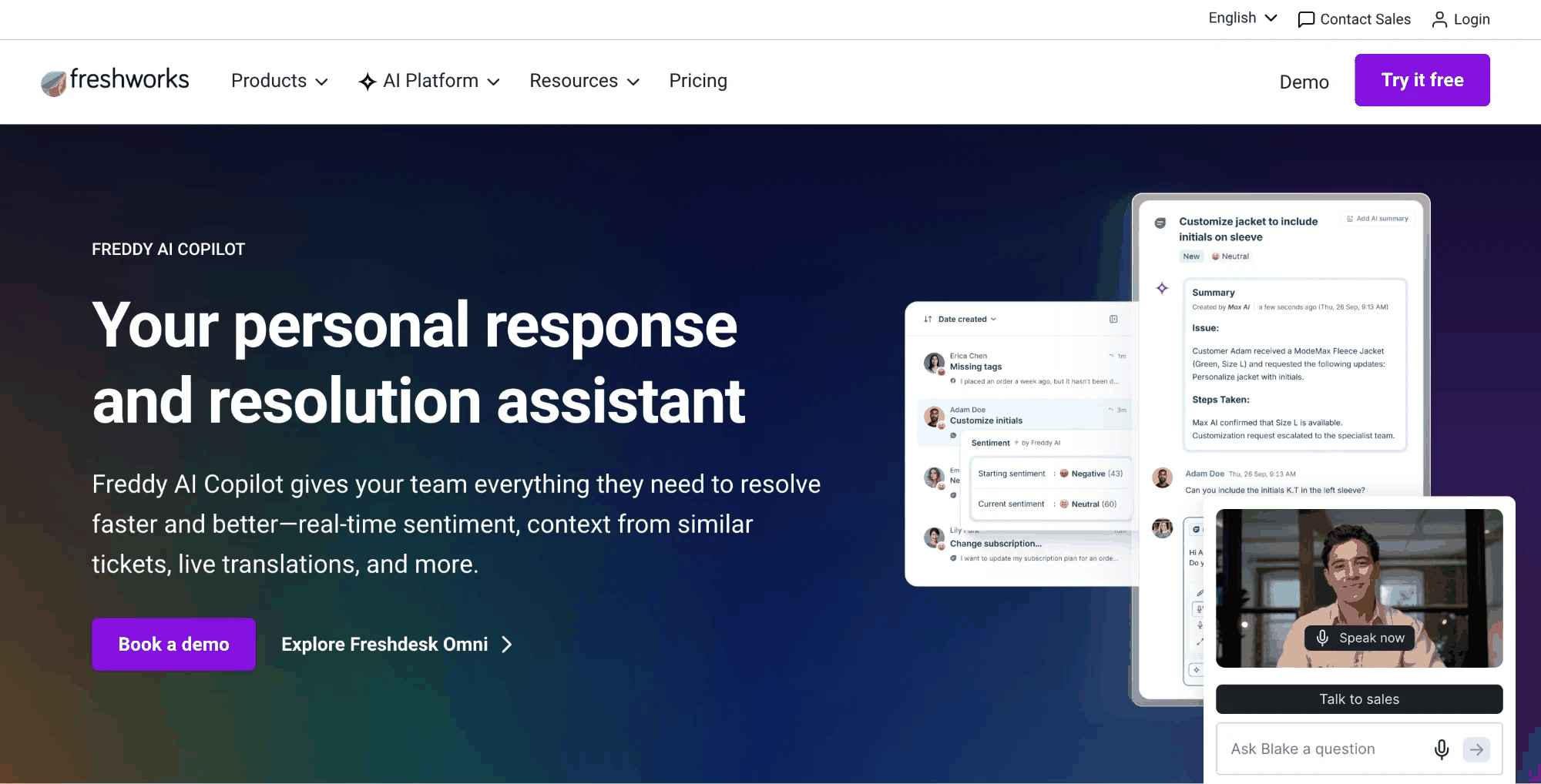 Freshworks Freddy AI Copilot homepage — "Your personal response and resolution assistant" — showing ticket sentiment analysis and an AI-generated case summary.