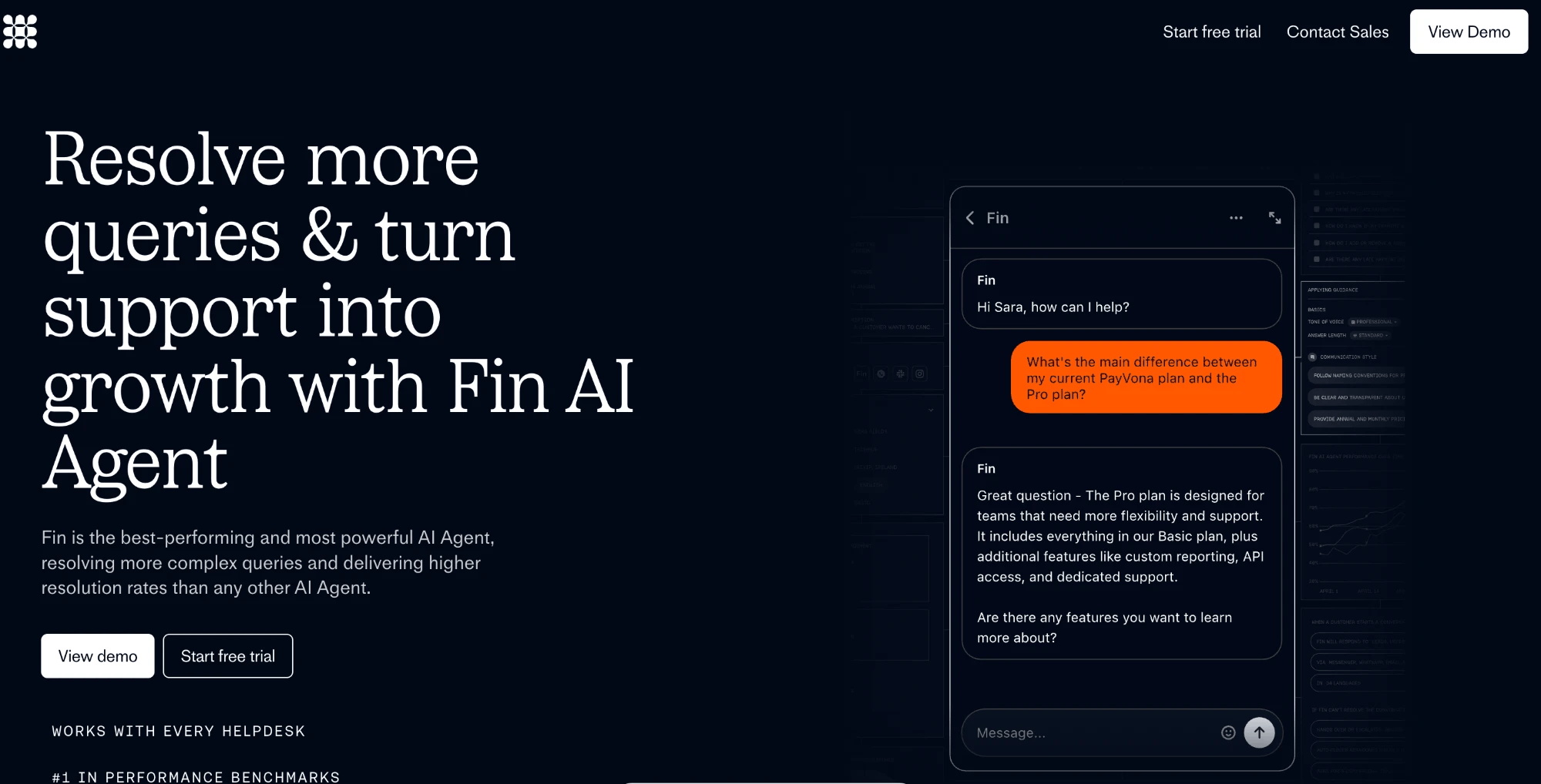 Intercom's Fin AI Agent homepage — "Resolve more queries & turn support into growth with Fin AI Agent" — with a live chat demo answering a plan-comparison question.