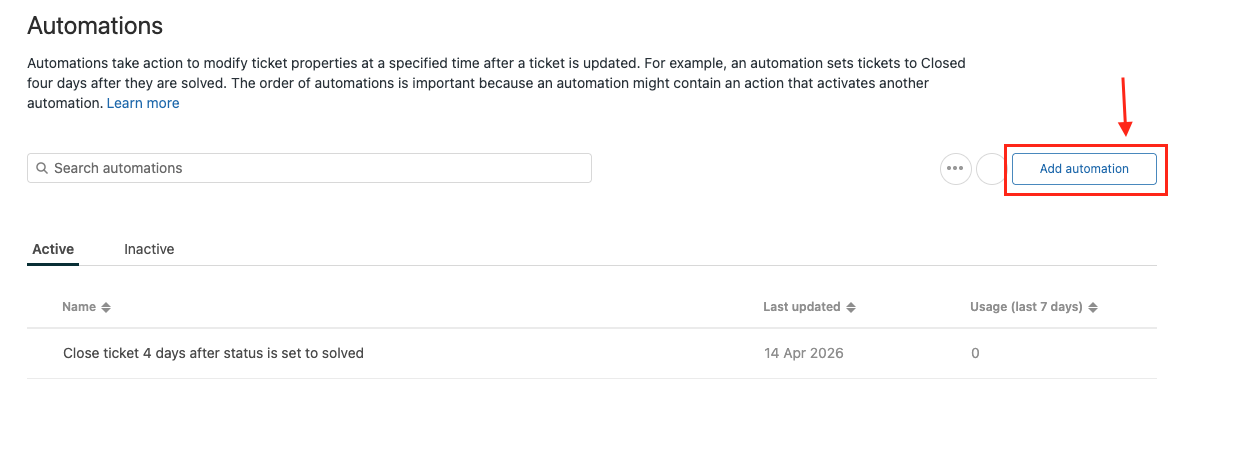 The Zendesk Admin Center Automations page with the "Add automation" button highlighted in red, above the list of active automations.