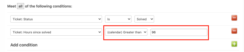 Close-up of a Zendesk automation condition set to Ticket: Hours since solved, (calendar) Greater than, 96 — highlighted in red to show the reliable time-condition pattern.