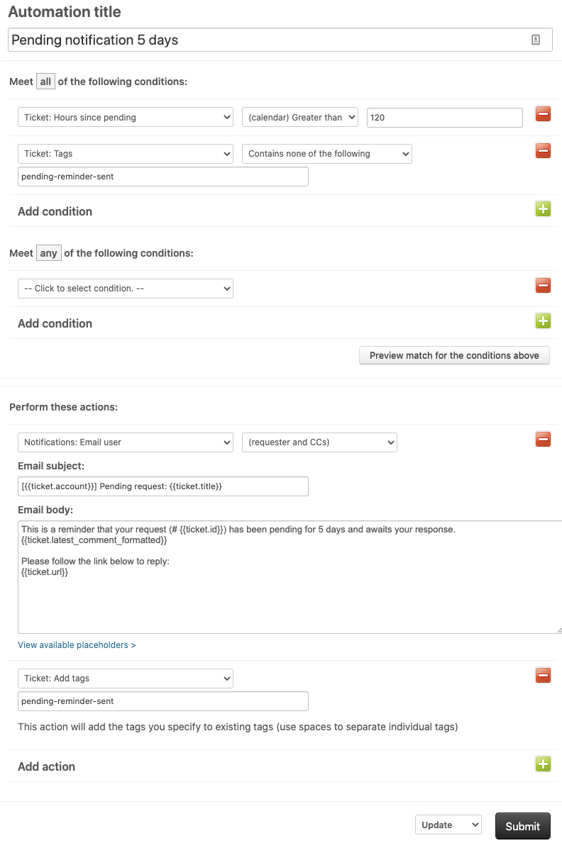 Zendesk automation builder for a pending-ticket reminder: conditions Hours since pending (calendar) greater than 120 and Tags contains none of pending-reminder-sent, with an email-the-requester action and an action that adds the pending-reminder-sent tag.