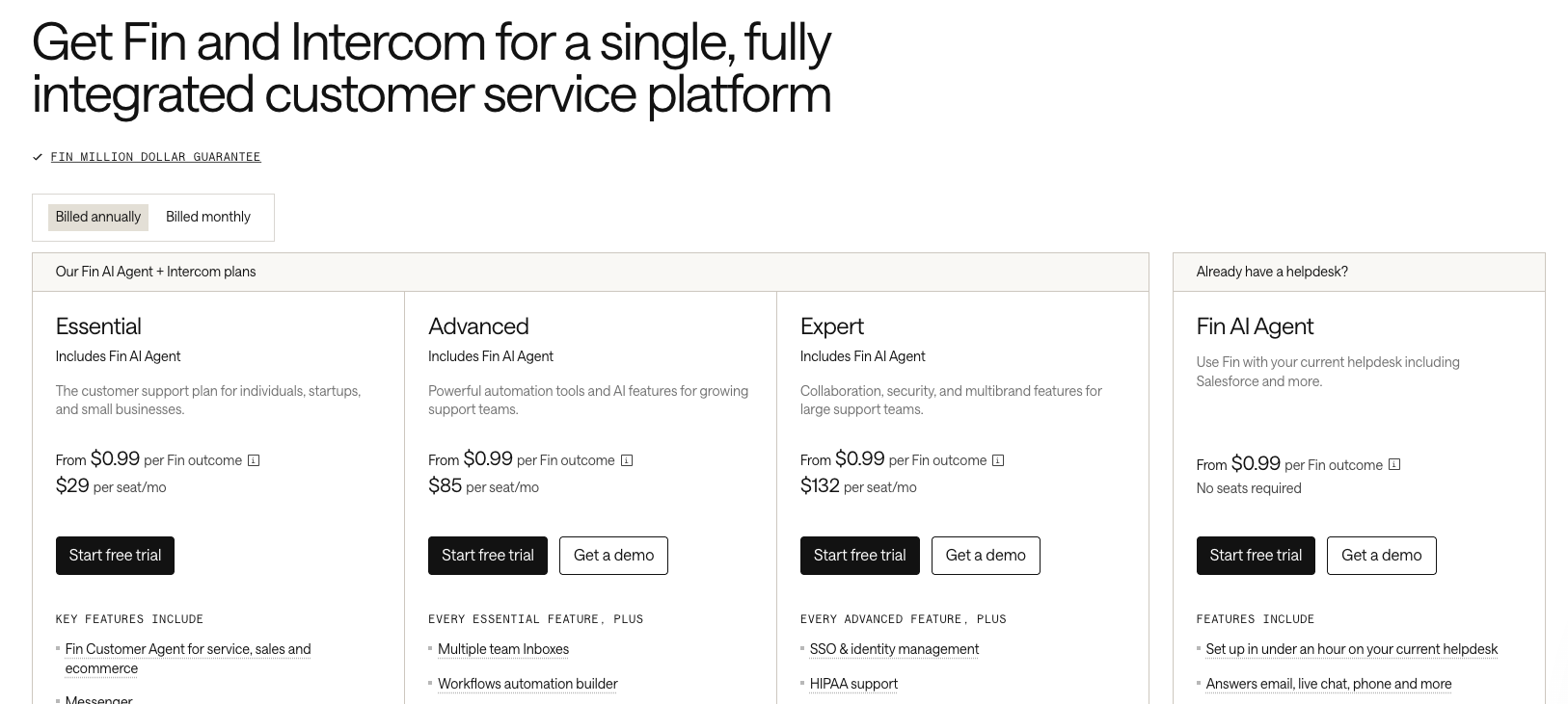 Intercom 2026 pricing page showing the Essential, Advanced, and Expert plans alongside the standalone Fin AI Agent priced per outcome.
