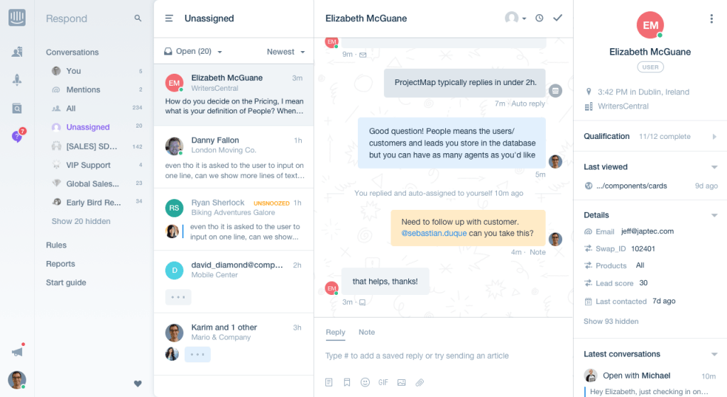 Intercom's Messenger inbox showing a live customer conversation alongside saved replies and customer context in a single view.