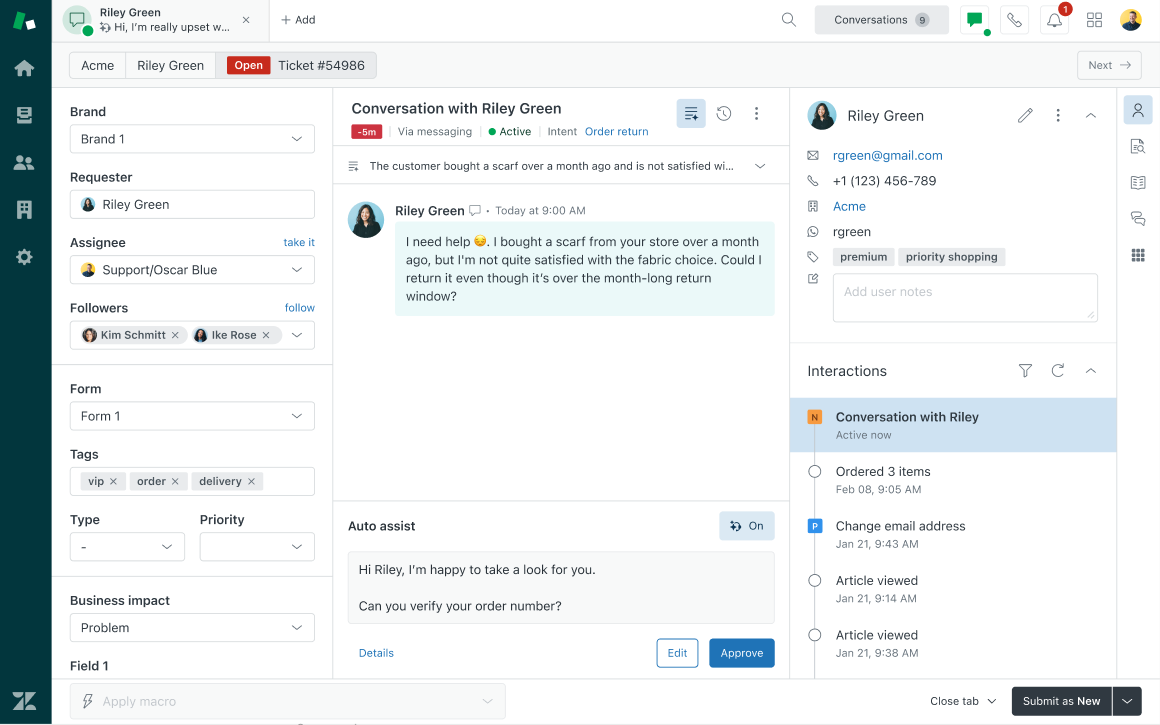 Zendesk Agent Workspace with AI auto assist drafting a suggested reply next to a customer conversation and order history.