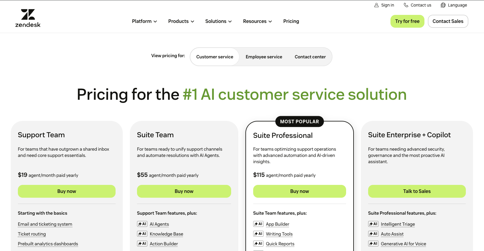 Zendesk 2026 pricing page showing the Support Team, Suite Team, Suite Professional, and Suite Enterprise plus Copilot plans.