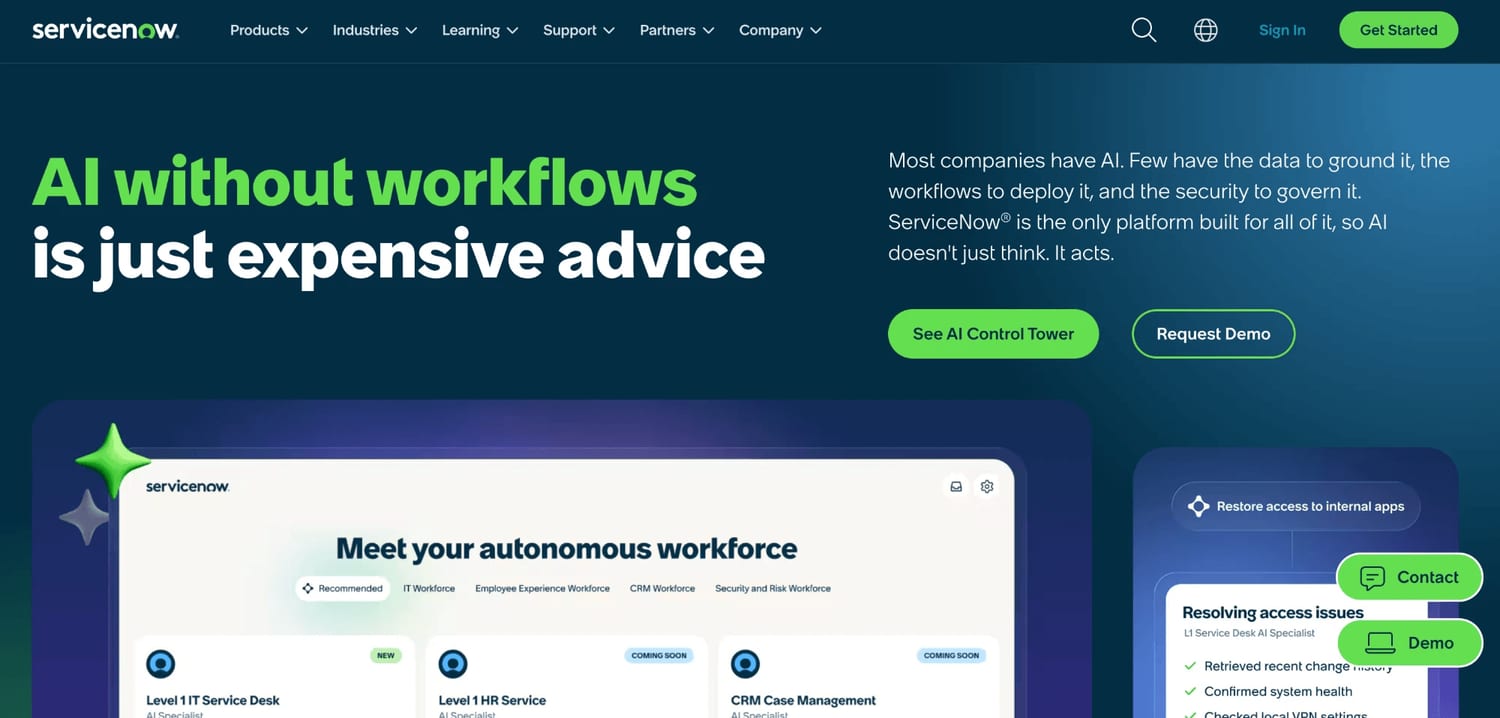 The ServiceNow homepage in 2026 leads with the headline "AI without workflows is just expensive advice," emphasizing enterprise data, workflows, and governance, alongside a preview of its autonomous IT, HR, and CRM workforce agents.