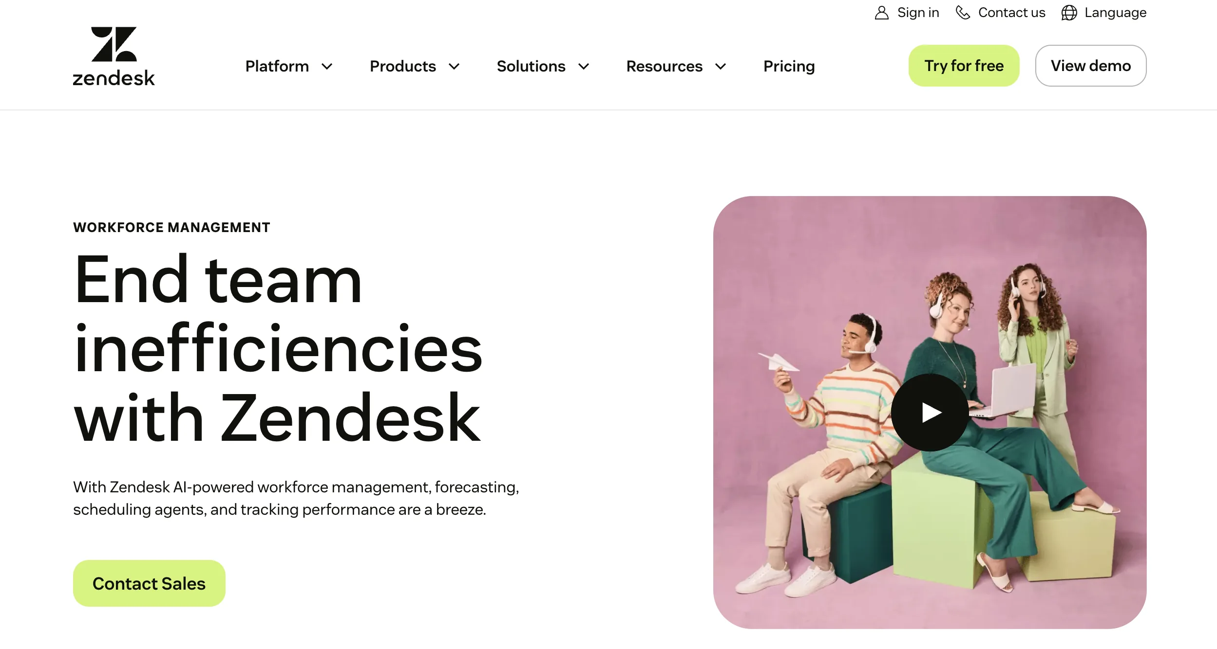 Zendesk Workforce Management marketing page, end team inefficiencies with AI-powered WFM